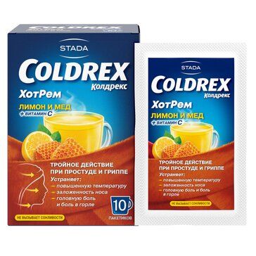 Колдрекс Coldrex ХотРем при простуде и гриппе со вкусом лимона и мёда, порошок, 10 пакетиков