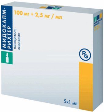Мидокалм-Рихтер раствор для инъекций 25 мг/мл+100 мг/мл 1мл амп 5 шт
